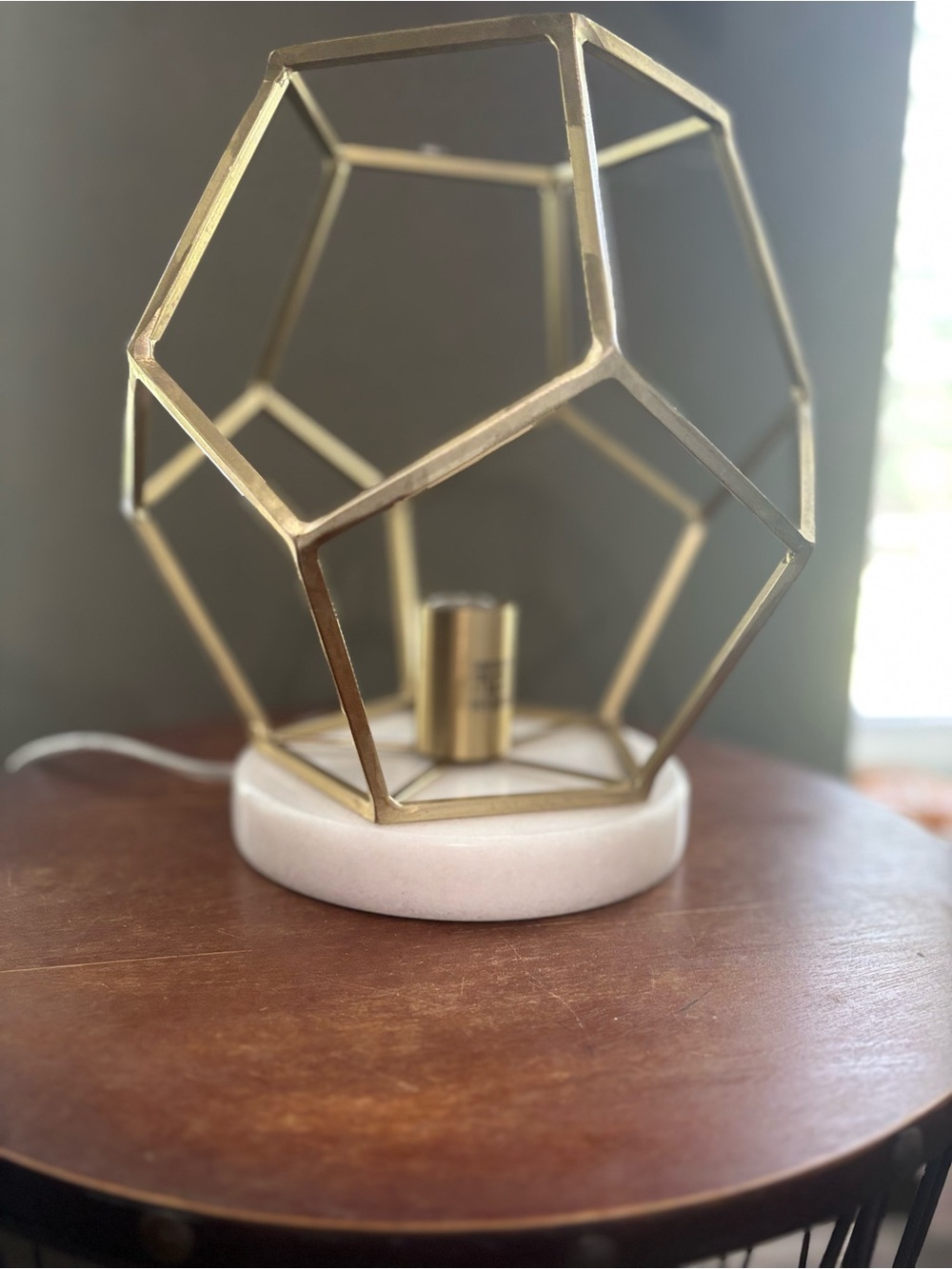 Geometric Brass Lantern Table Accent with White Marble Base